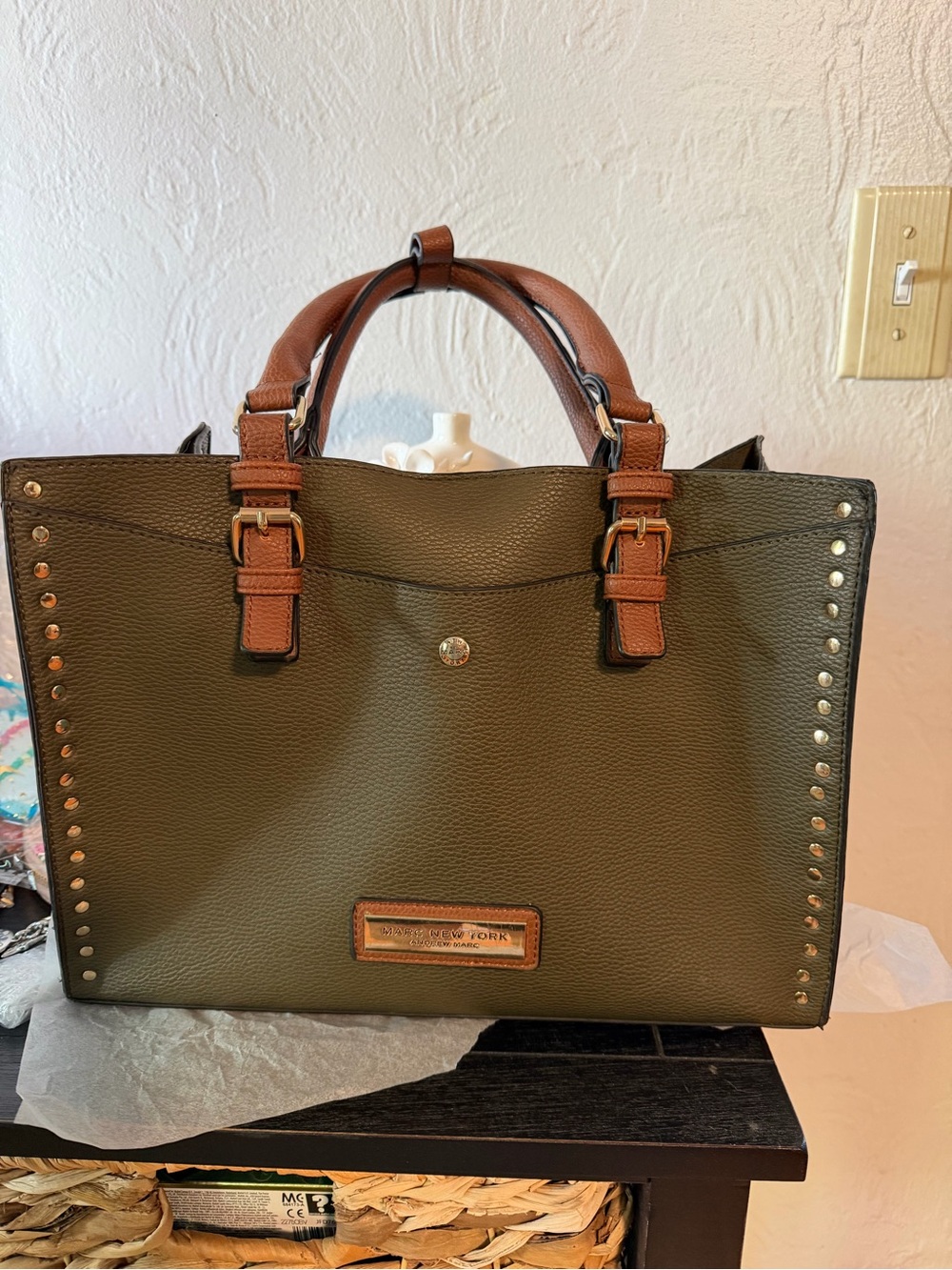 Mark New York  Green and Brown Shoulder Bag with Structured Design.